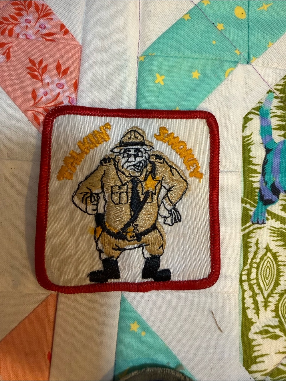 Vintage Embroidered Sheriff Patch - Red Border, Tan Figure talkin Smokey